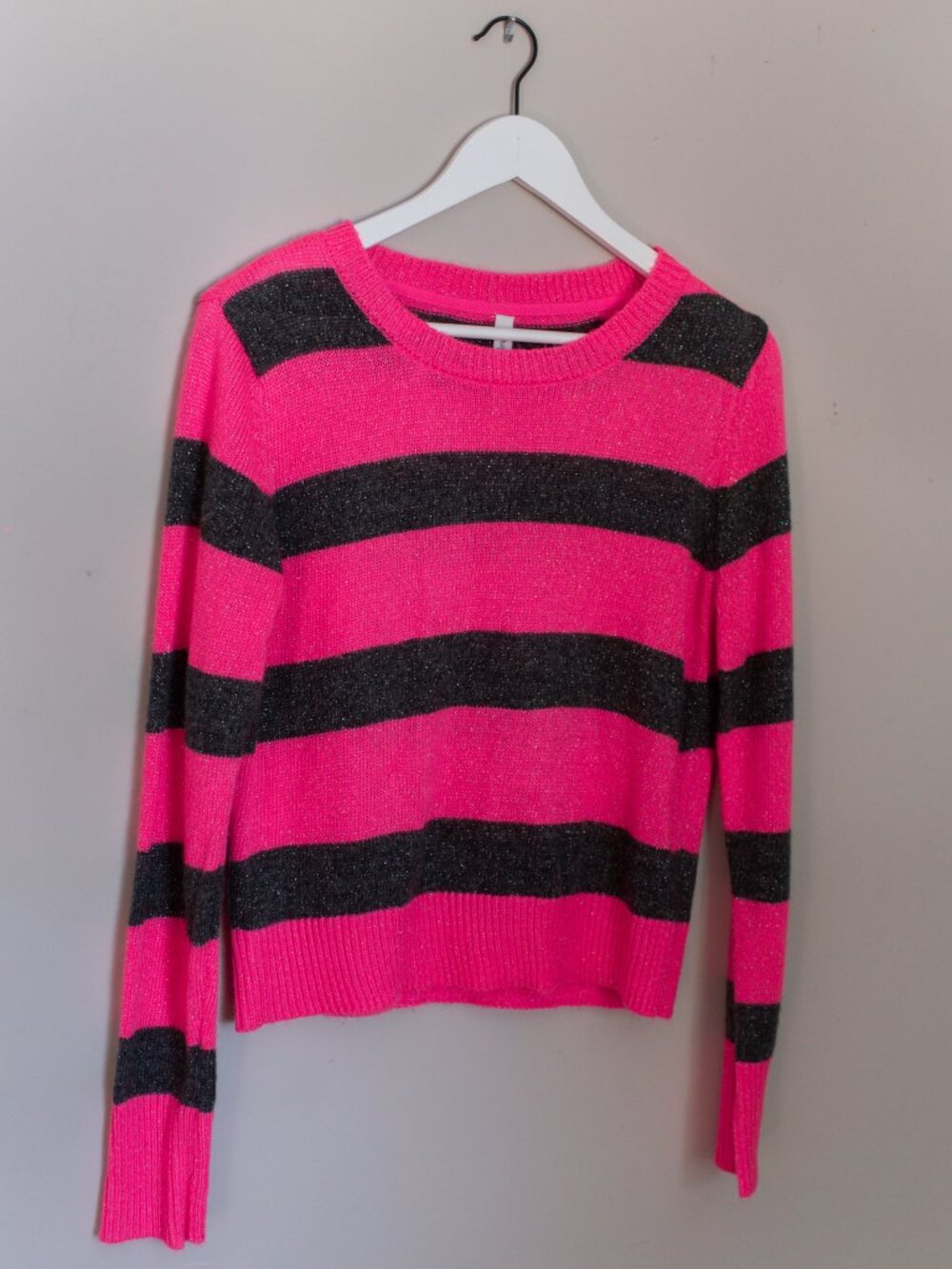 Aeropostale hot pink and gray sparkly striped fuzzy sweater